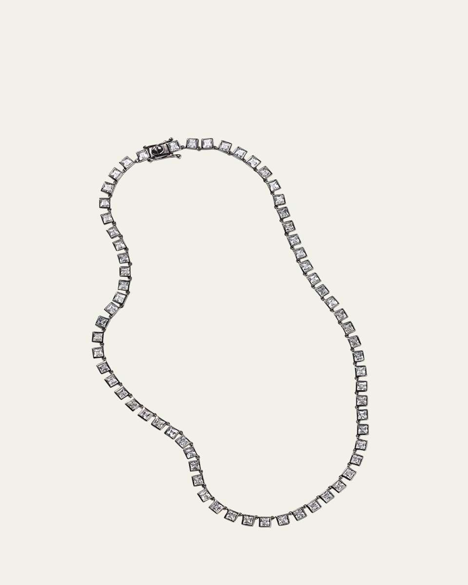 Sterling Silver Riviere Tile Necklace with White Zircon and Black Rhodium
